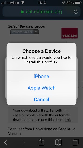 Pantalla iOS de selección de dispositivo donde instalar el perfil de eduroamCAT UCLM