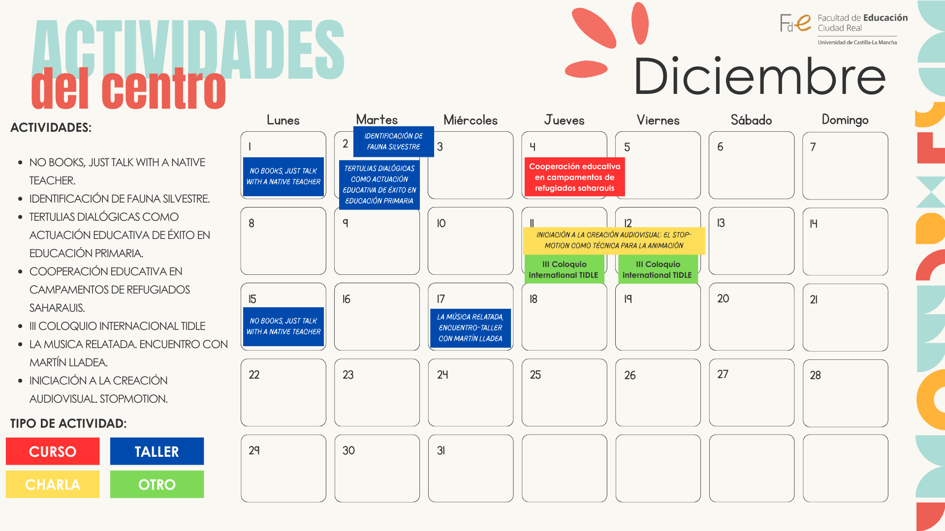 CALENDARIO ACTIVIDADES CULTURALES MES DE DICIEMBRE
