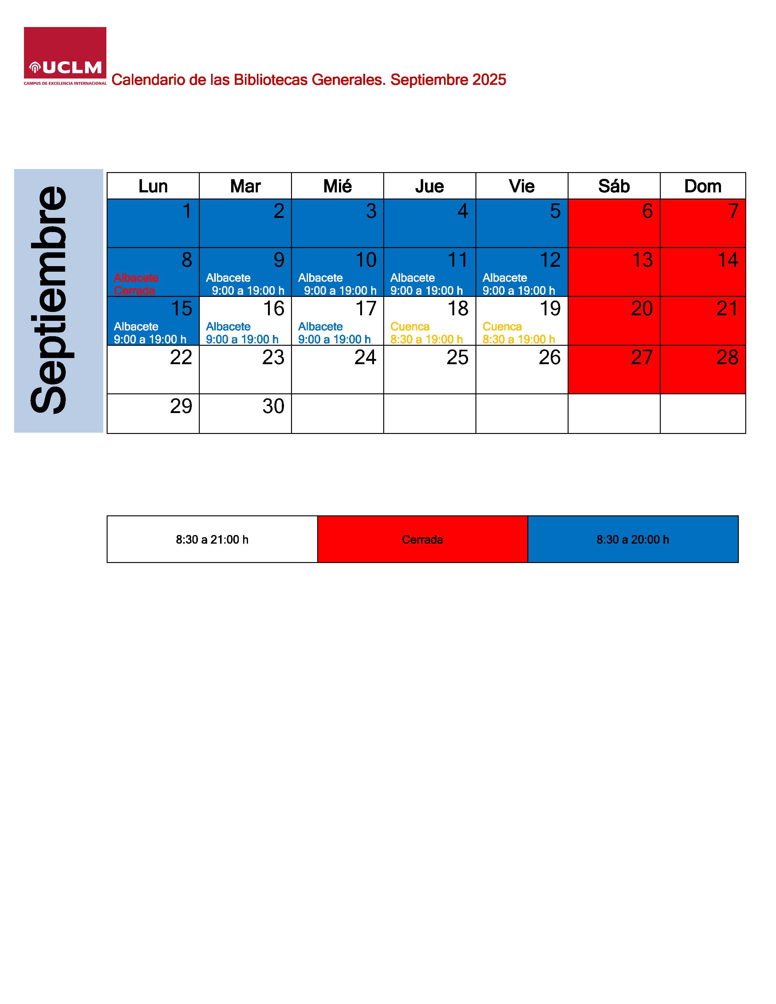 Calendario del mes de septiembre 2025. BUCLM
